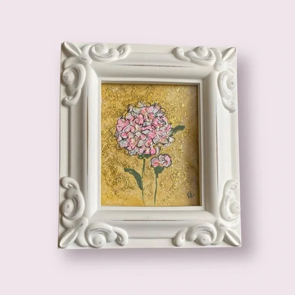 Original flower acrylic painting, abstract. Ornate White Frame  4x4.25 inches - Picture 5 of 11